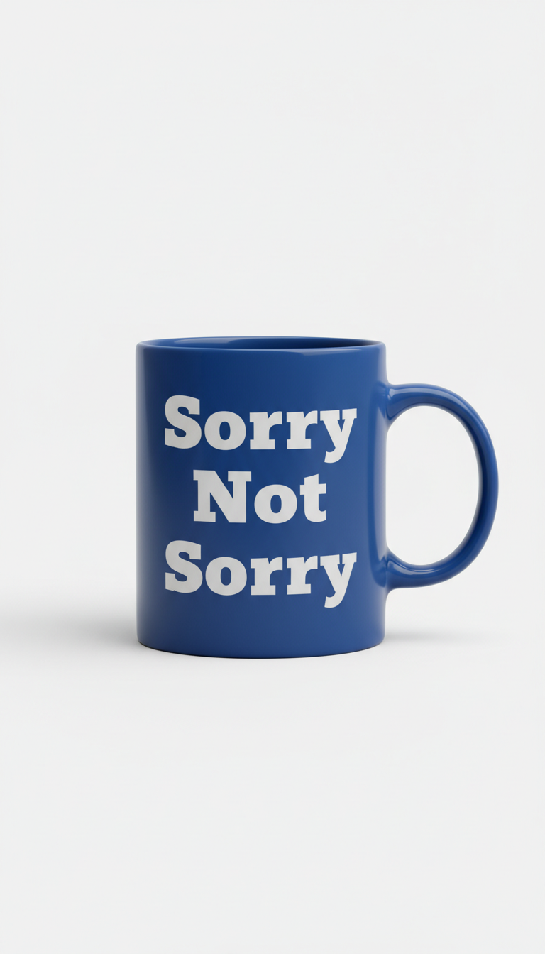 Blue ceramic mug with 'Sorry Not Sorry'