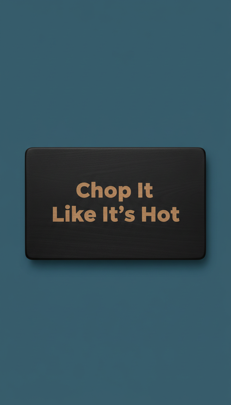 Black wooden chopping board with 'Chop It Like It’s Hot'