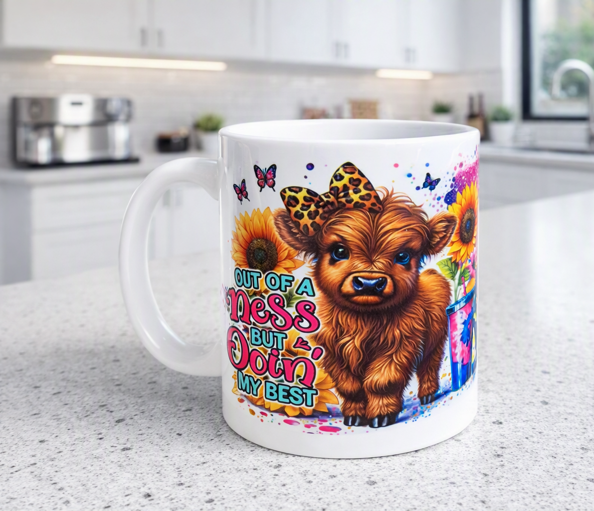 A white ceramic mug with a colourful cartoon illustration of a brown highland cow, sunflowers, butterflies, and the text 'BIT OF A Mess BUT Doin' MY BEST', sitting on a speckled kitchen countertop with a blurred kitchen background.