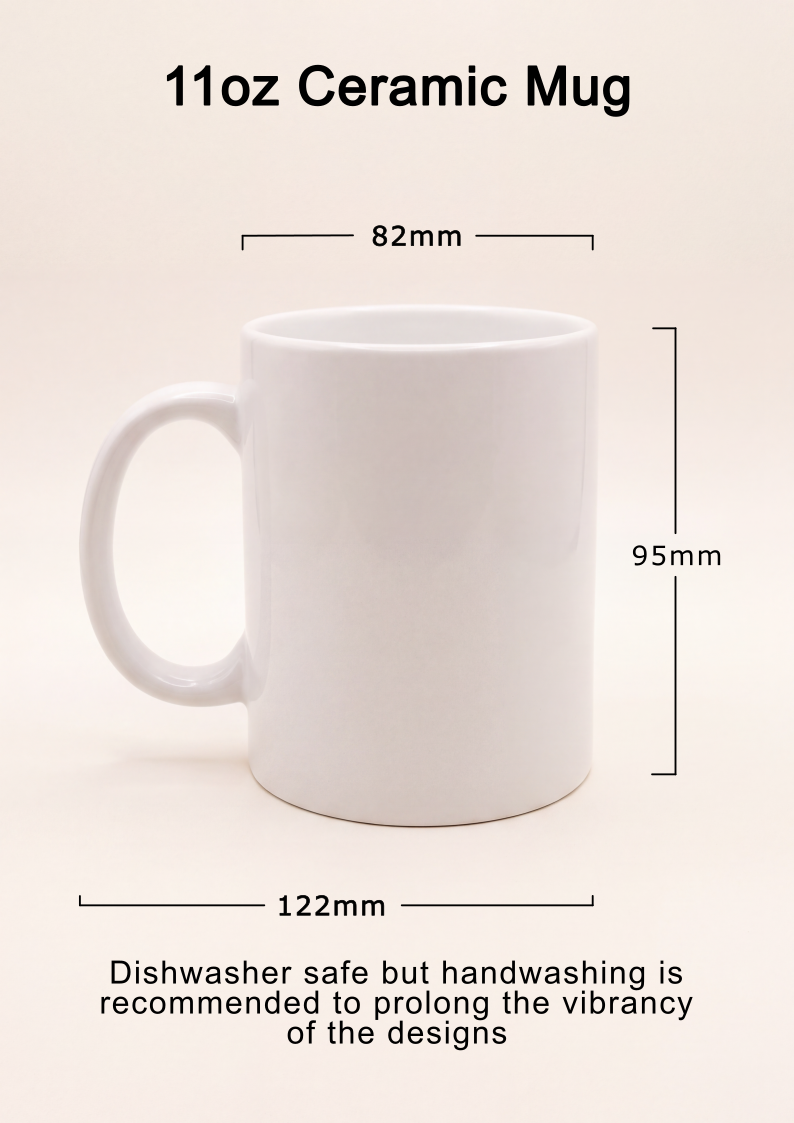 A white ceramic mug shown on a light beige background with printed dimension labels: 82mm across the top, 95mm height, and 122mm across the bottom. Text above reads '11oz Ceramic Mug' and text below says dishwasher safe but handwashing is recommended.