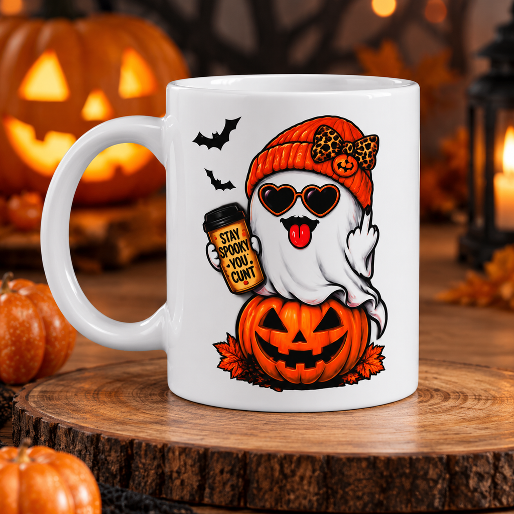 A white ceramic mug with a Halloween-themed cartoon ghost graphic sitting on a rustic wooden slice. The background is a softly blurred Halloween scene with jack-o'-lanterns and warm lights.