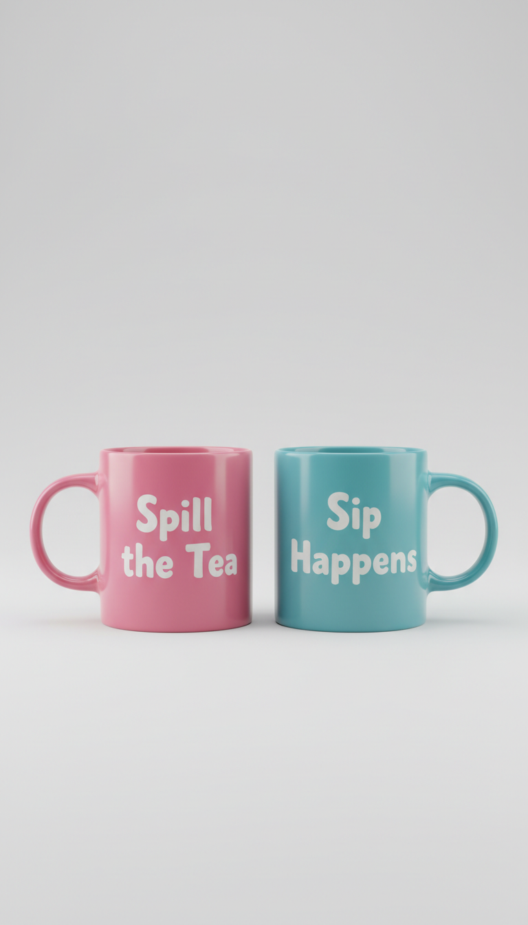 Pink mug set with 'Spill the Tea' and 'Sip Happens'